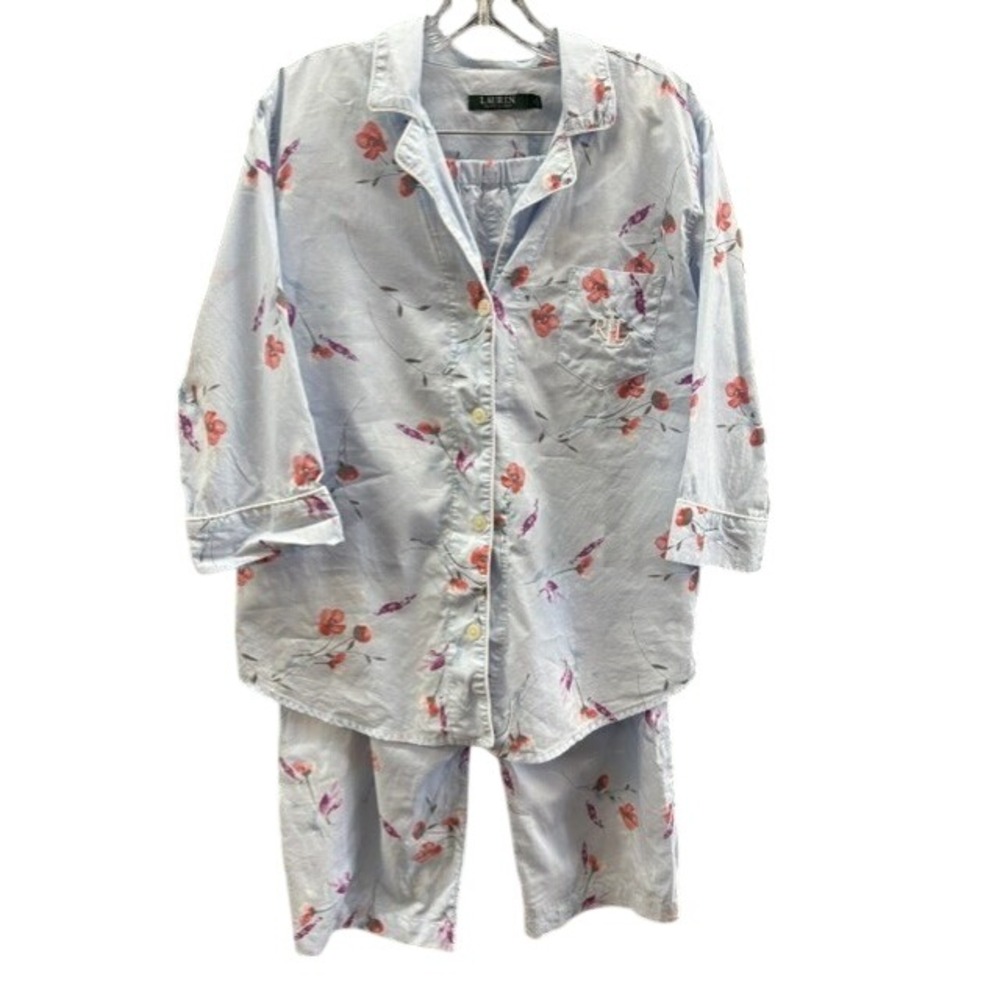 Lauren Ralph Lauren Blue Floral Pajama Set L Button Down Shirt Capri Pants LRL